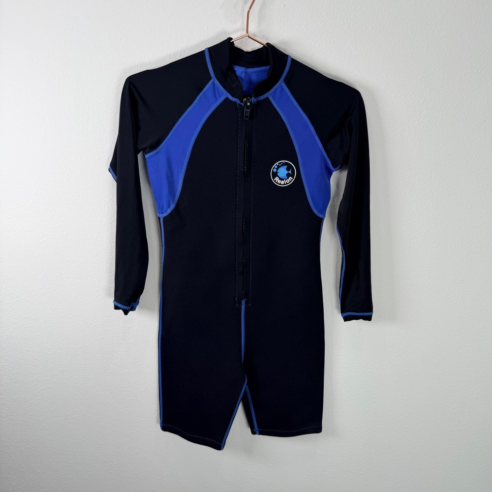 Realon Wetsuit Youth XL Black Blue Neoprene Long Sleeve Shorty Front Zip Surfing